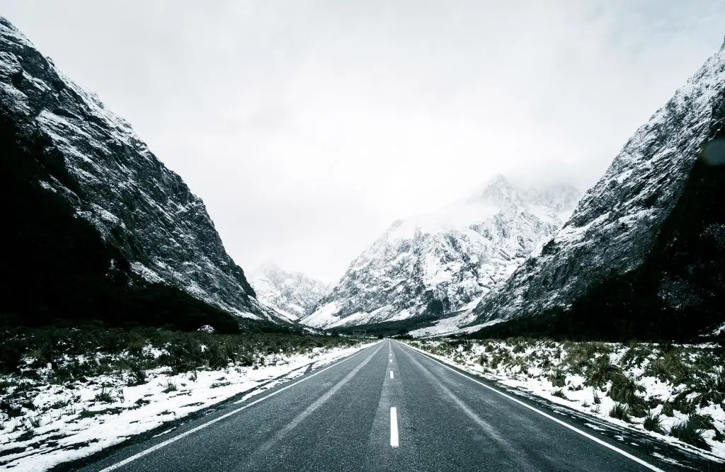 A snow-covered Milford road during winter